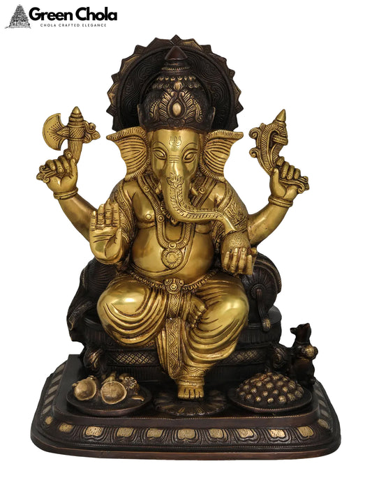 17-inch Ganesha Brass Statue Seated on Cushion Throne