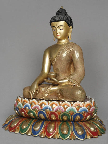 12" Lord Shakyamuni Buddha Copper Statue With Gold From Nepal | Decorative Copper Idol | Copper Statue For Temple