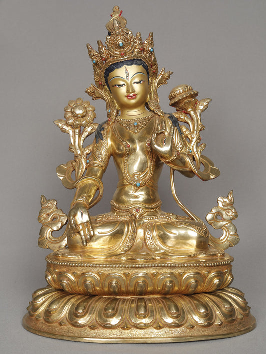 11" White Tara Idol From Nepal | Buddhist Goddess Copper Statue | Decorative Copper Idol | Copper Statue For Temple