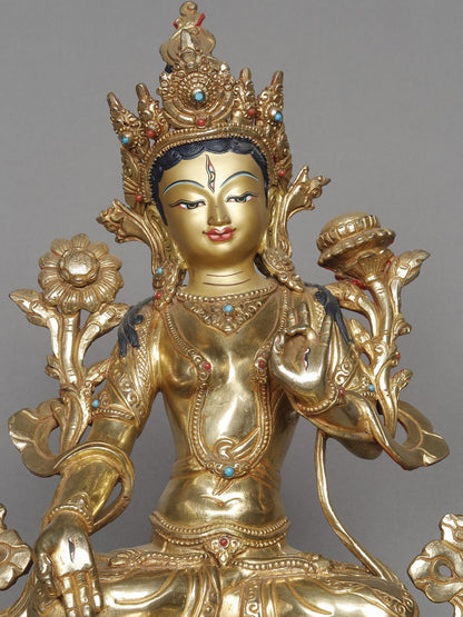 11" White Tara Idol From Nepal | Buddhist Goddess Copper Statue | Decorative Copper Idol | Copper Statue For Temple