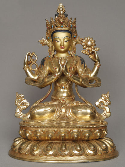 11" Avalokiteshvara Buddha Chenrezig Idol From Nepal | Copper Statue With Gold Gilded | Buddha Copper Statue | Decorative Copper Idol | Copper Statue For Temple