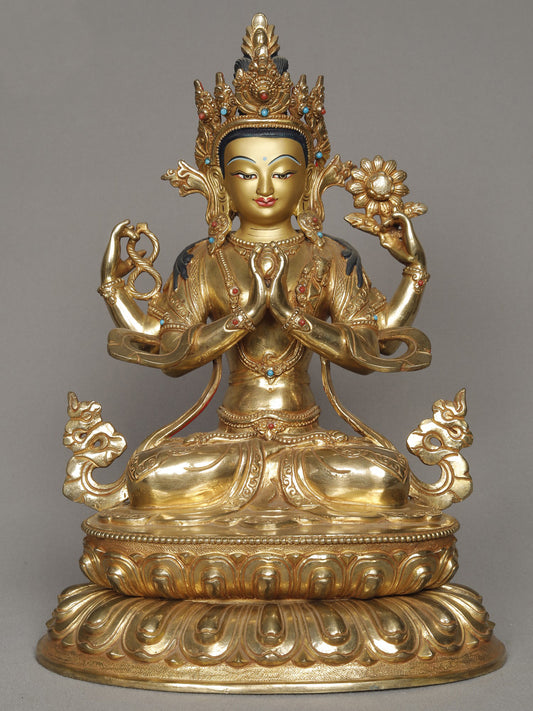 11" Avalokiteshvara Buddha Chenrezig Idol From Nepal | Copper Statue With Gold Gilded | Buddha Copper Statue | Decorative Copper Idol | Copper Statue For Temple