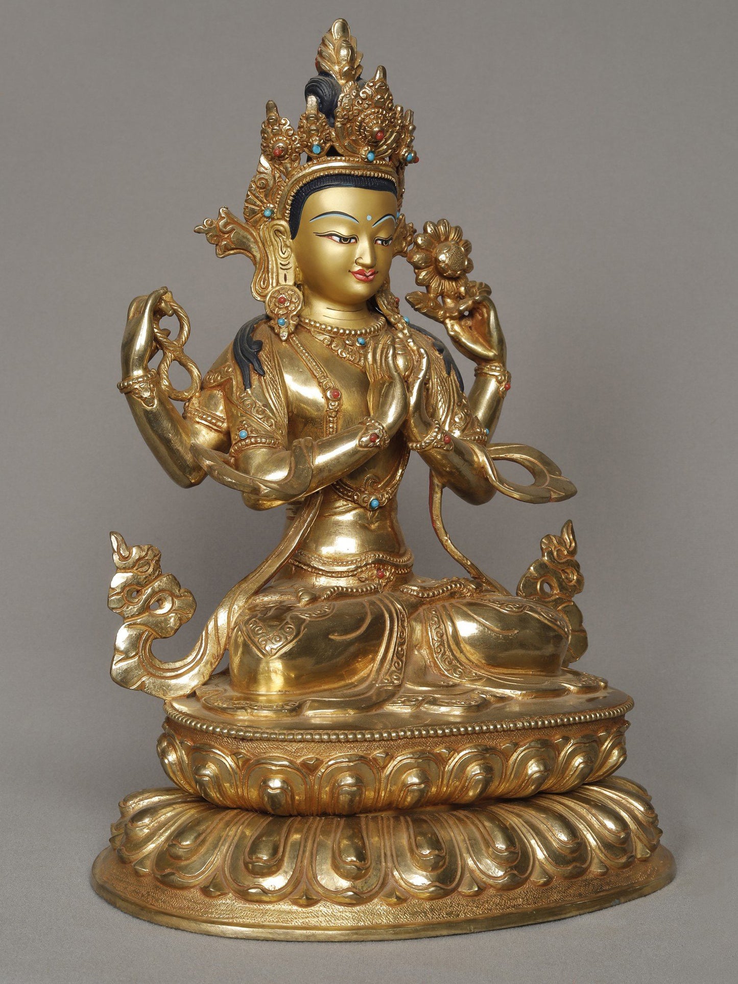 11" Avalokiteshvara Buddha Chenrezig Idol From Nepal | Copper Statue With Gold Gilded | Buddha Copper Statue | Decorative Copper Idol | Copper Statue For Temple