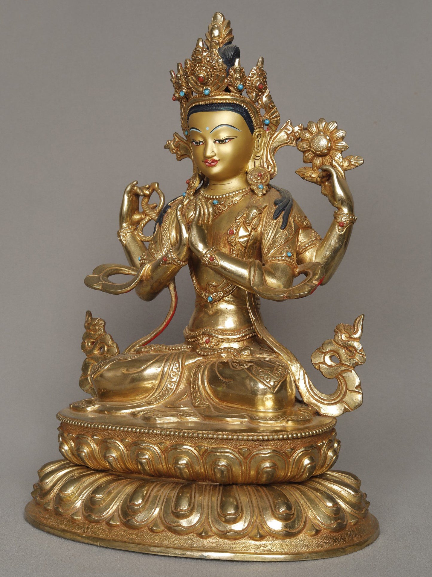 11" Avalokiteshvara Buddha Chenrezig Idol From Nepal | Copper Statue With Gold Gilded | Buddha Copper Statue | Decorative Copper Idol | Copper Statue For Temple