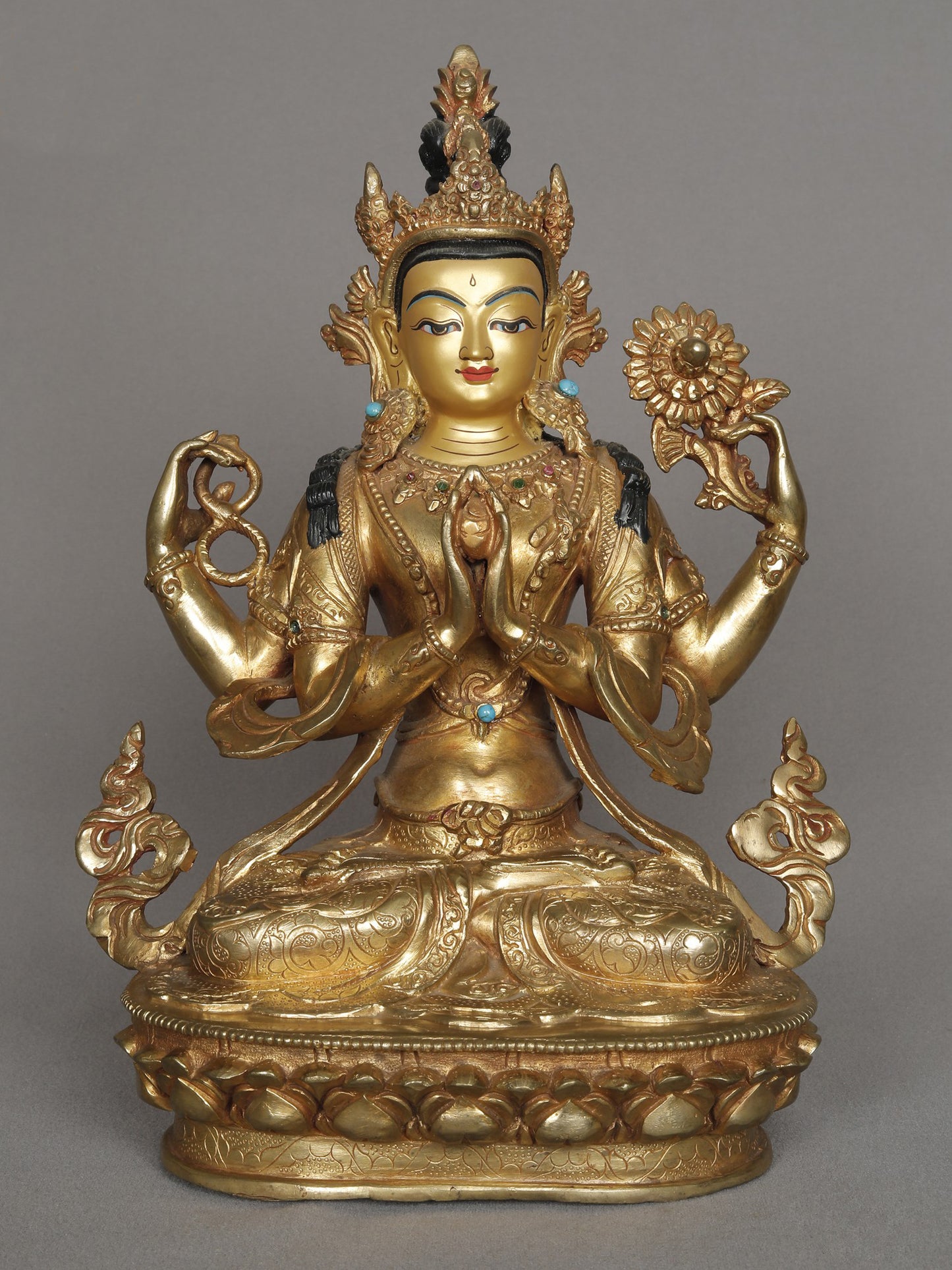 10" Chenrezig Lord Buddha Copper Statue with Gold Gilded | Nepalese Copper Idol | Copper Statue