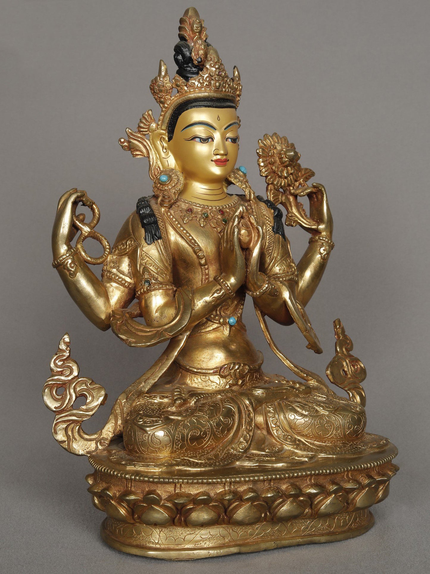 10" Chenrezig Lord Buddha Copper Statue with Gold Gilded | Nepalese Copper Idol | Copper Statue