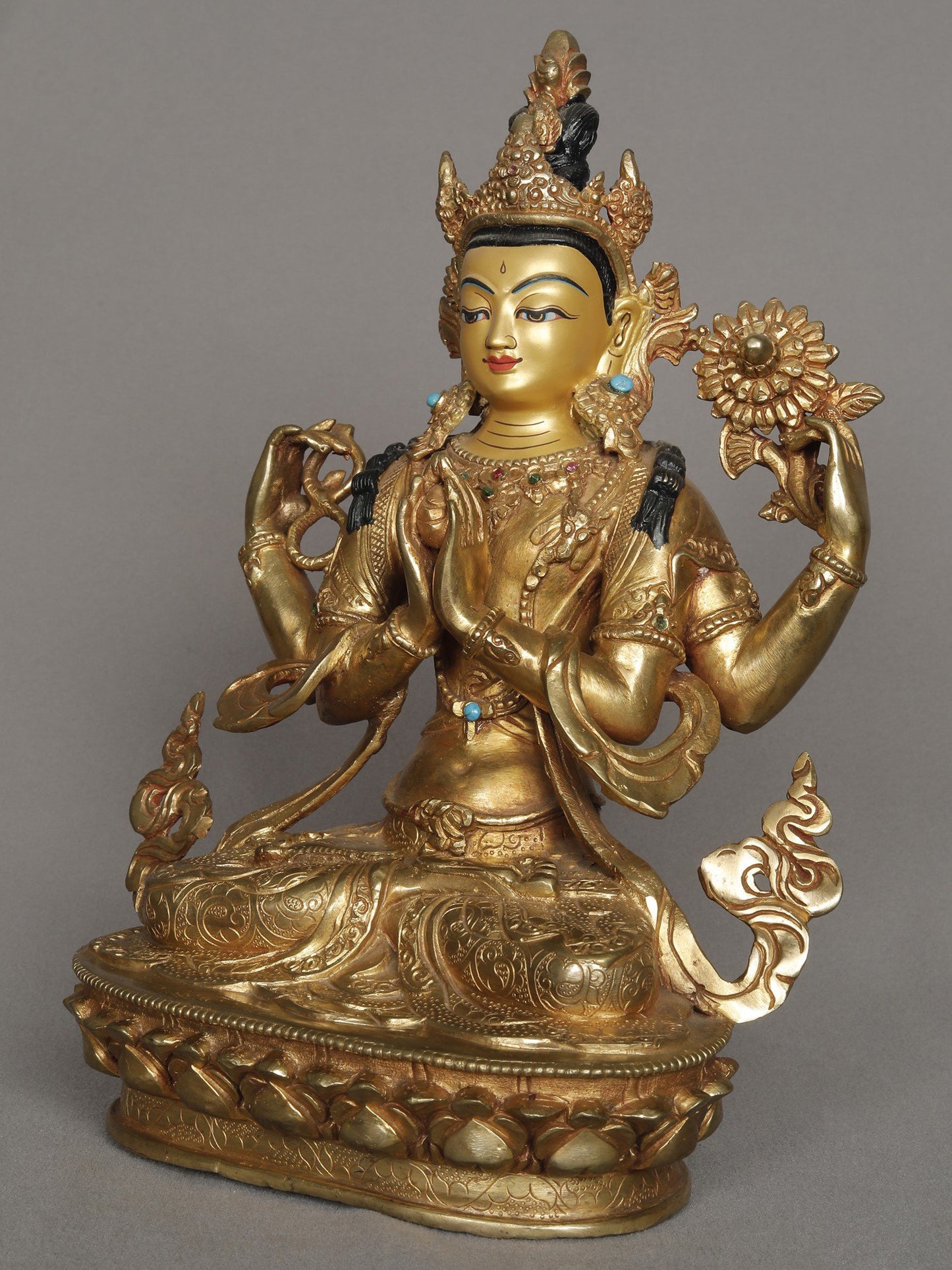 10" Chenrezig Lord Buddha Copper Statue with Gold Gilded | Nepalese Copper Idol | Copper Statue