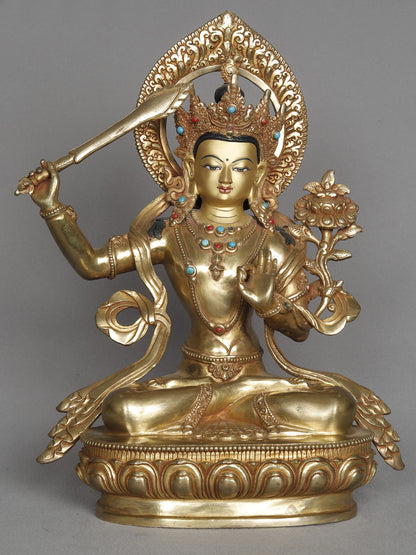 12" Copper Manjushri With Attractive Crown Statue From Nepal | Copper Statue | Decorative Copper Idol | Copper Statue For Temple