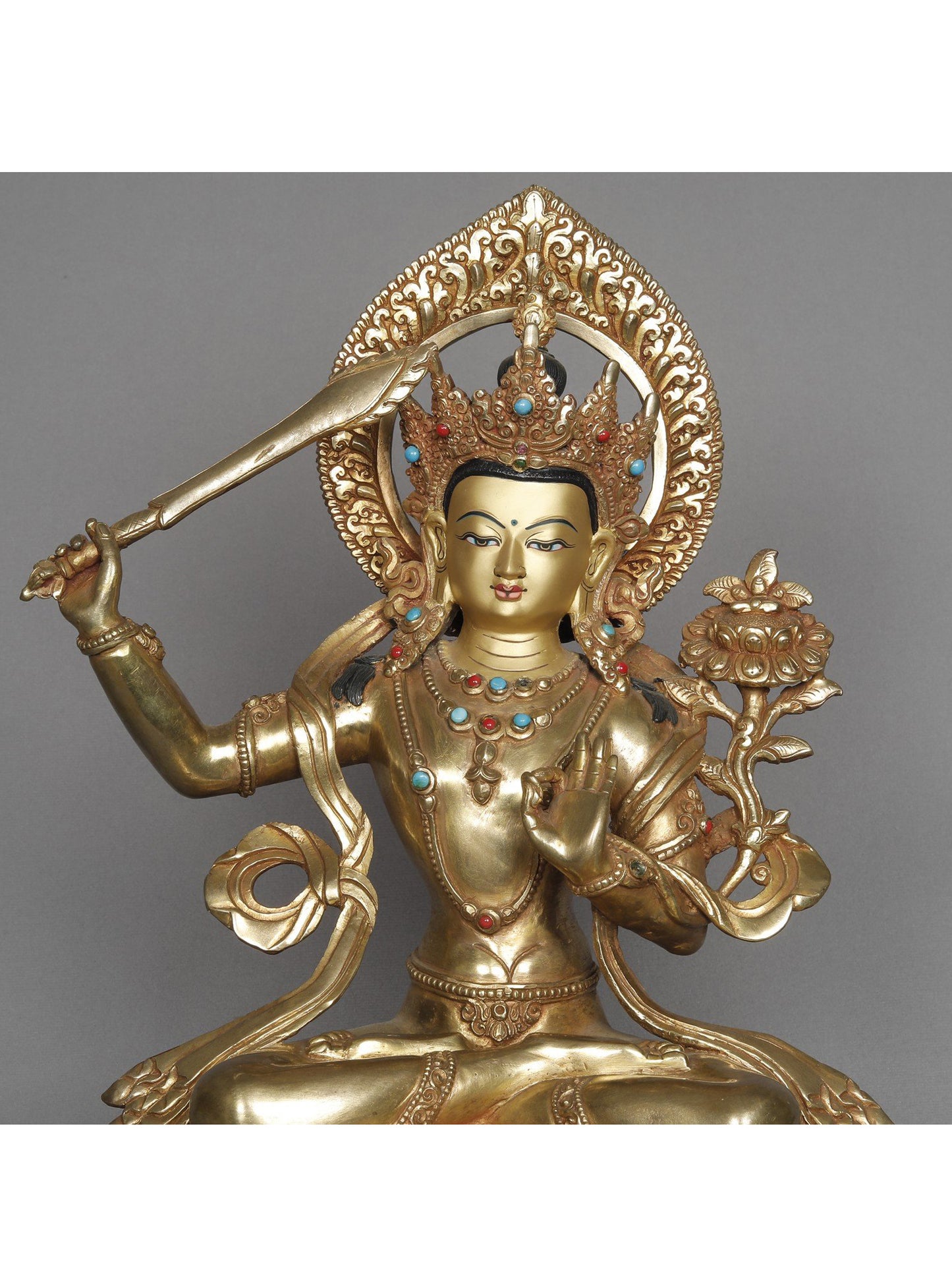 12" Copper Manjushri With Attractive Crown Statue From Nepal | Copper Statue | Decorative Copper Idol | Copper Statue For Temple