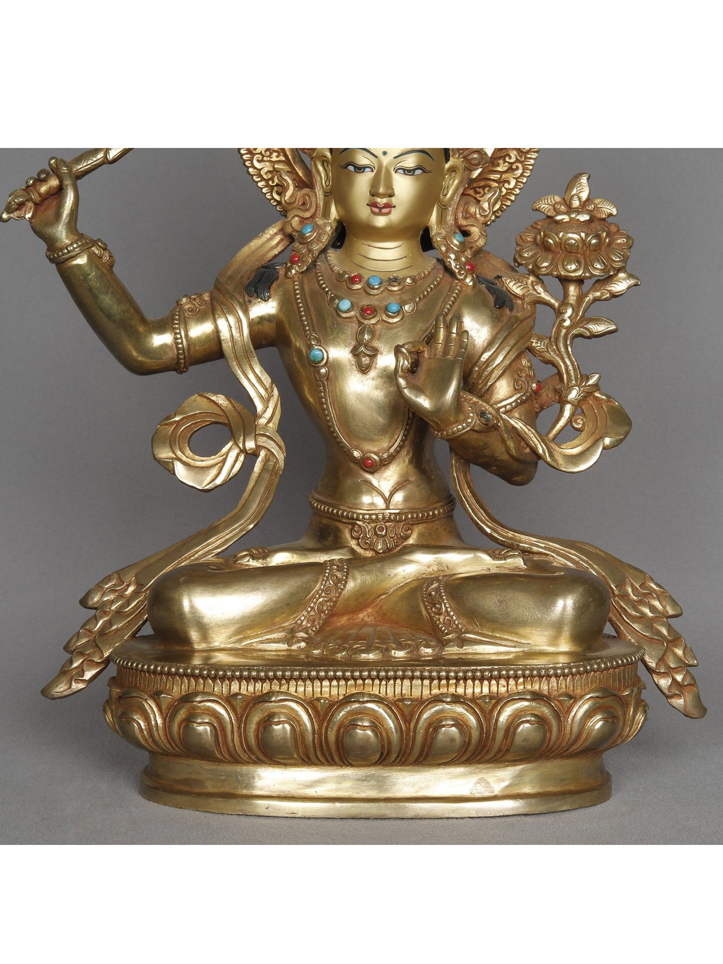 12" Copper Manjushri With Attractive Crown Statue From Nepal | Copper Statue | Decorative Copper Idol | Copper Statue For Temple