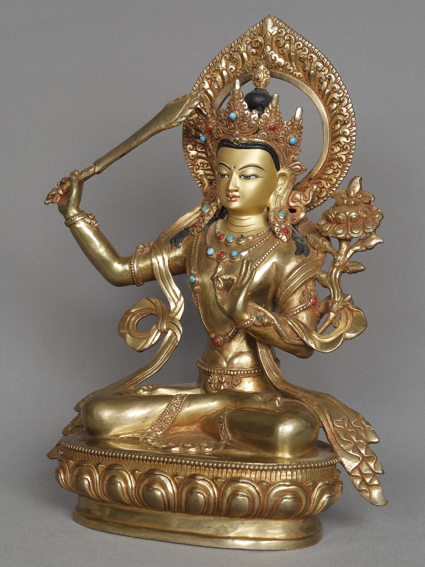 12" Copper Manjushri With Attractive Crown Statue From Nepal | Copper Statue | Decorative Copper Idol | Copper Statue For Temple