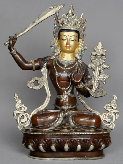 13" Blessing Statue Of Manjushri From Nepal | Copper Sculpture With Gold | Copper Statue | Decorative Copper Idol | Copper Statue For Temple