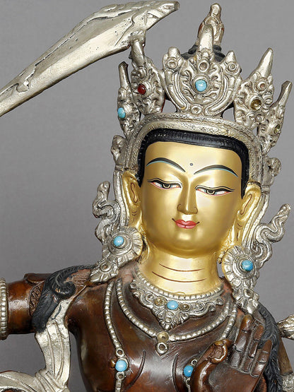 13" Blessing Statue Of Manjushri From Nepal | Copper Sculpture With Gold | Copper Statue | Decorative Copper Idol | Copper Statue For Temple