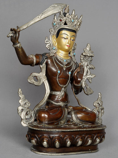 13" Blessing Statue Of Manjushri From Nepal | Copper Sculpture With Gold | Copper Statue | Decorative Copper Idol | Copper Statue For Temple