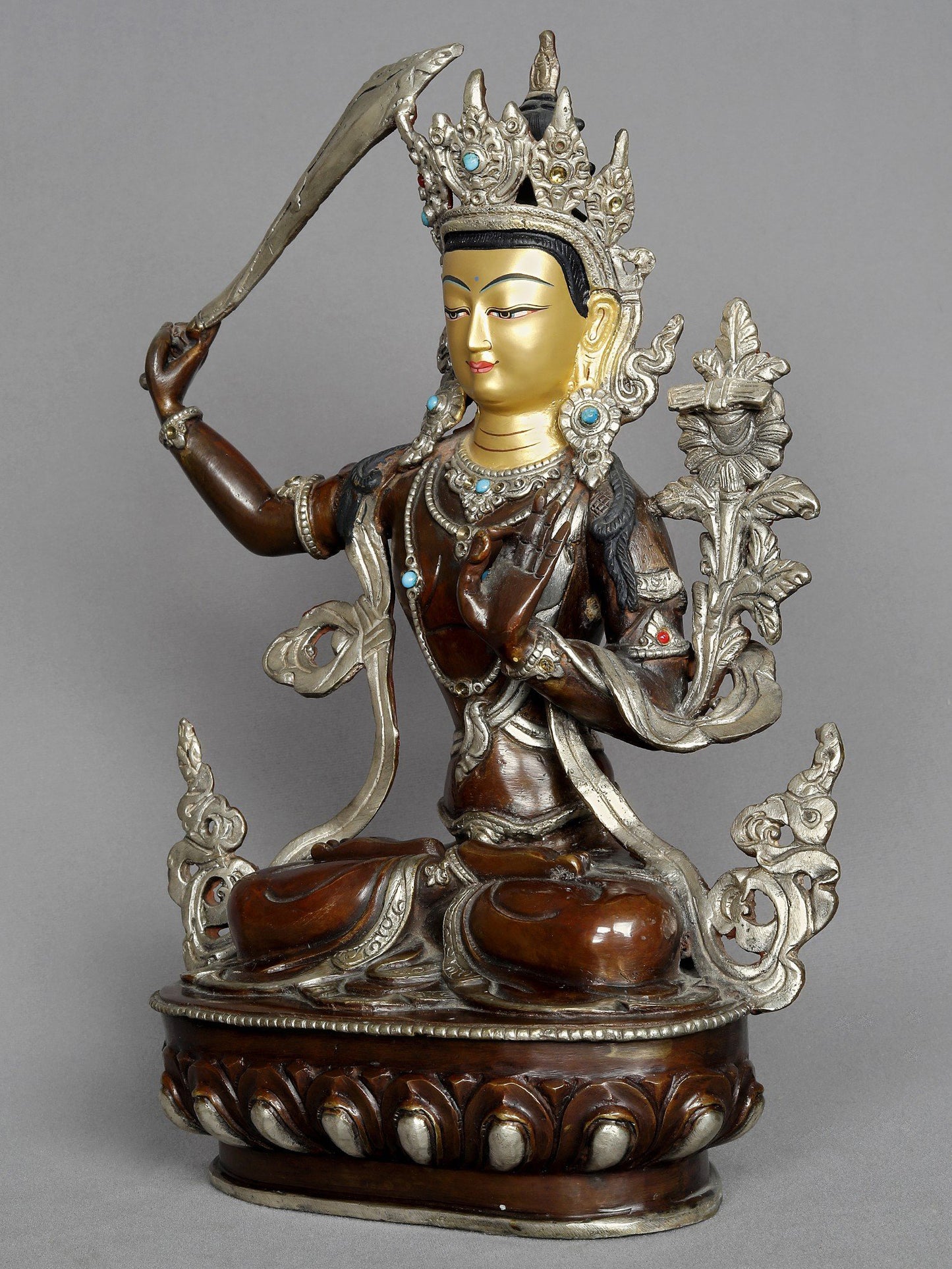 13" Blessing Statue Of Manjushri From Nepal | Copper Sculpture With Gold | Copper Statue | Decorative Copper Idol | Copper Statue For Temple