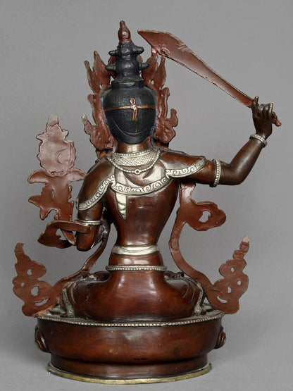 13" Blessing Statue Of Manjushri From Nepal | Copper Sculpture With Gold | Copper Statue | Decorative Copper Idol | Copper Statue For Temple