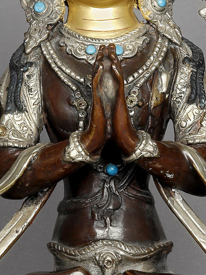 13" Chenrezig Lokeshwar In Namaskara Mudra Statue From Nepal | Copper Sculpture With Gold | Copper Statue | Decorative Copper Idol | Copper Statue For Temple