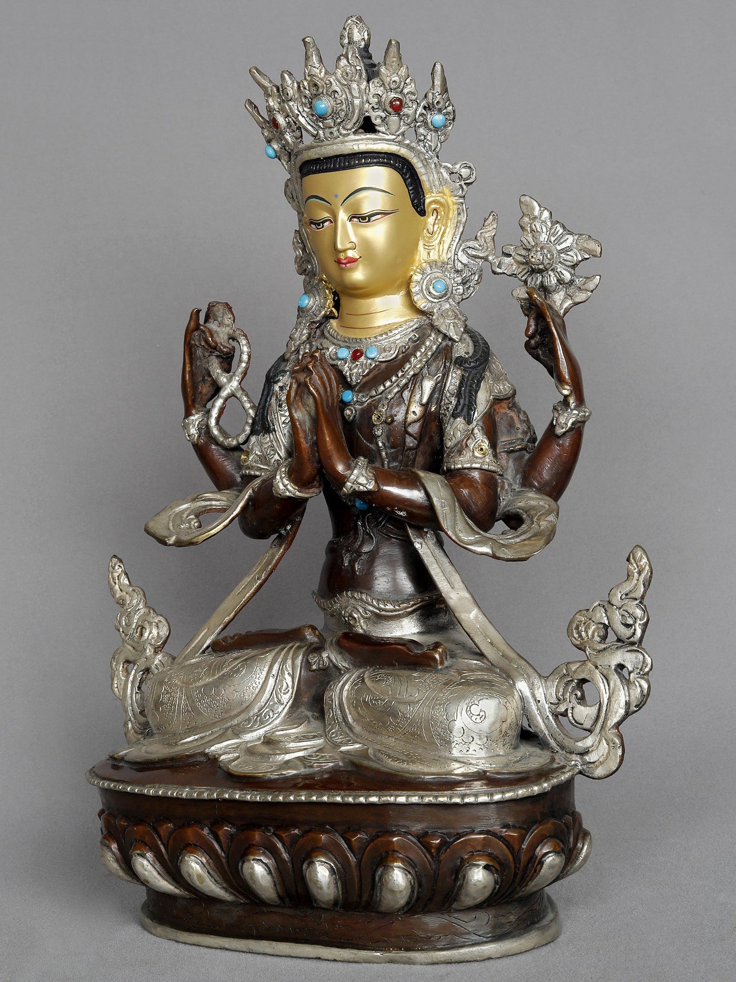 13" Chenrezig Lokeshwar In Namaskara Mudra Statue From Nepal | Copper Sculpture With Gold | Copper Statue | Decorative Copper Idol | Copper Statue For Temple