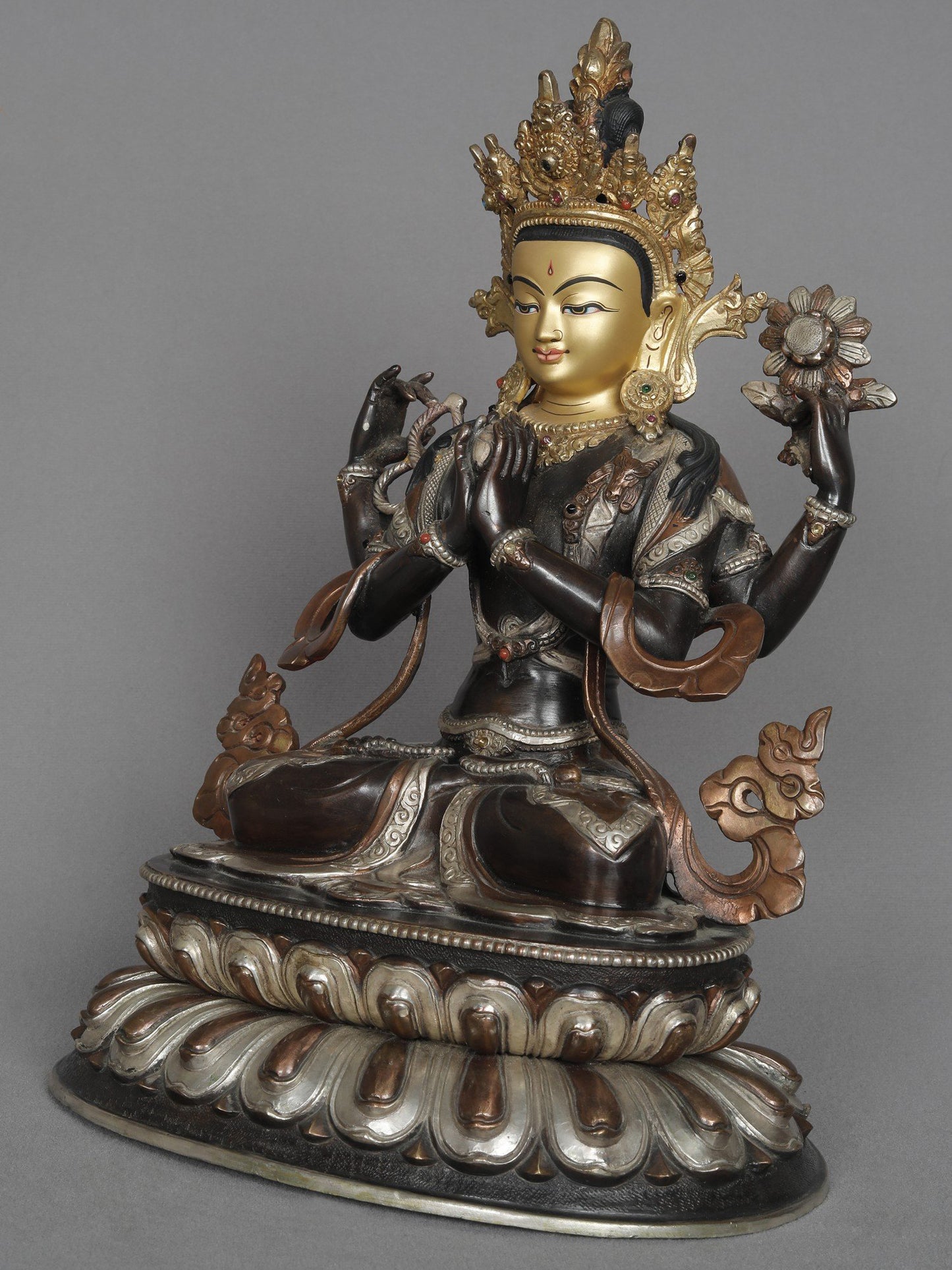 12" Tibetan Statue With Crown Kharchari From Nepal | Copper Statue | Decorative Copper Idol | Copper Statue For Temple