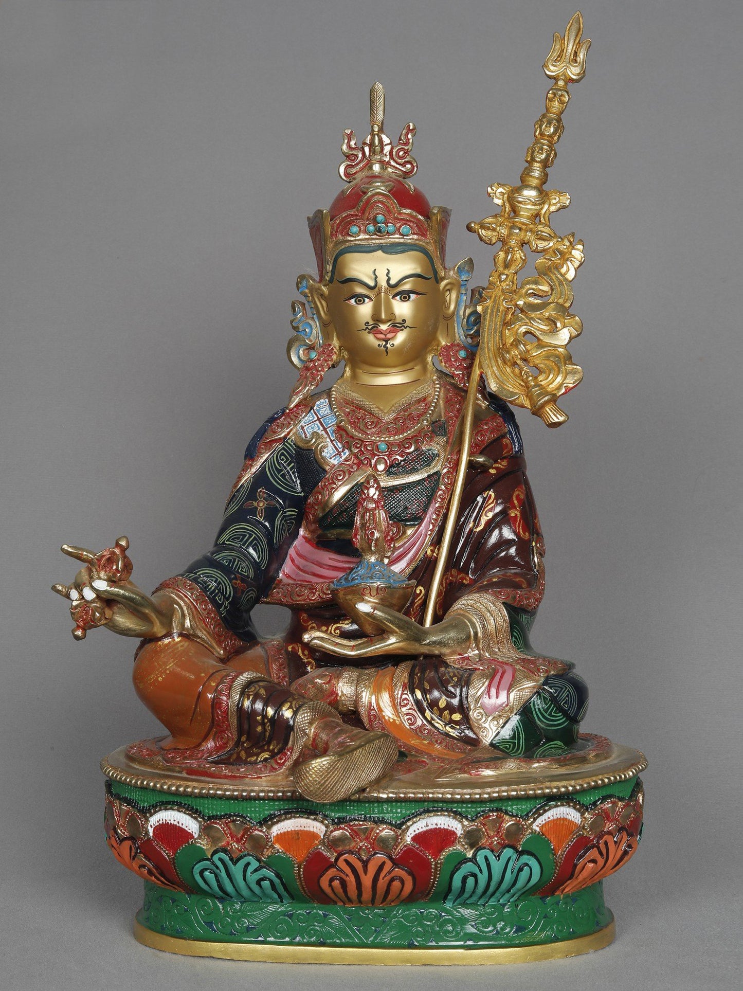 16" Guru Padmasambhava Idol Seated On Ornament Throne From Nepal | Copper Statue | Decorative Copper Idol | Copper Statue For Temple