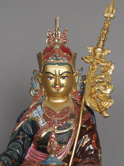 16" Guru Padmasambhava Idol Seated On Ornament Throne From Nepal | Copper Statue | Decorative Copper Idol | Copper Statue For Temple