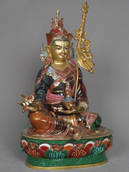 16" Guru Padmasambhava Idol Seated On Ornament Throne From Nepal | Copper Statue | Decorative Copper Idol | Copper Statue For Temple