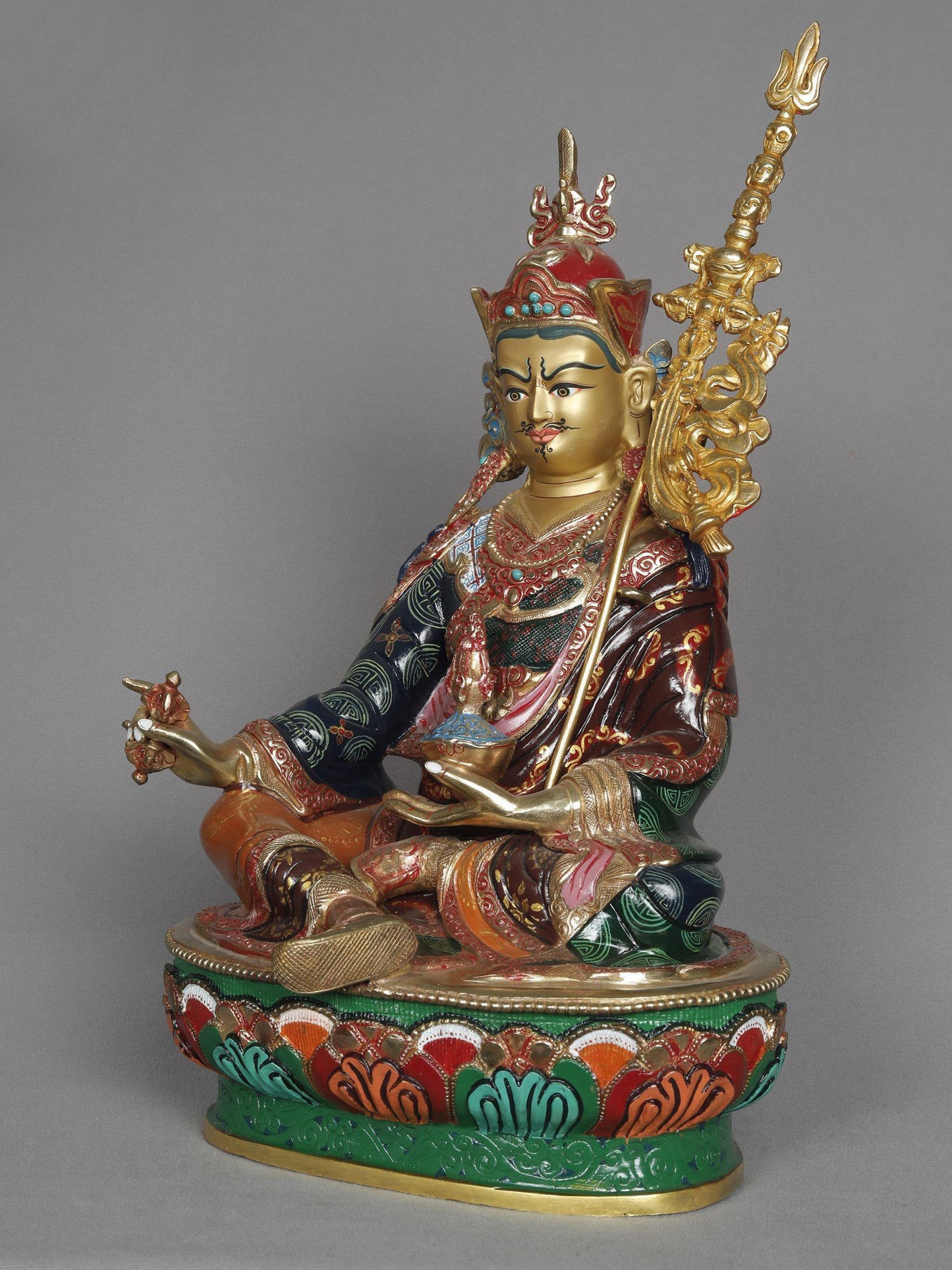 16" Guru Padmasambhava Idol Seated On Ornament Throne From Nepal | Copper Statue | Decorative Copper Idol | Copper Statue For Temple