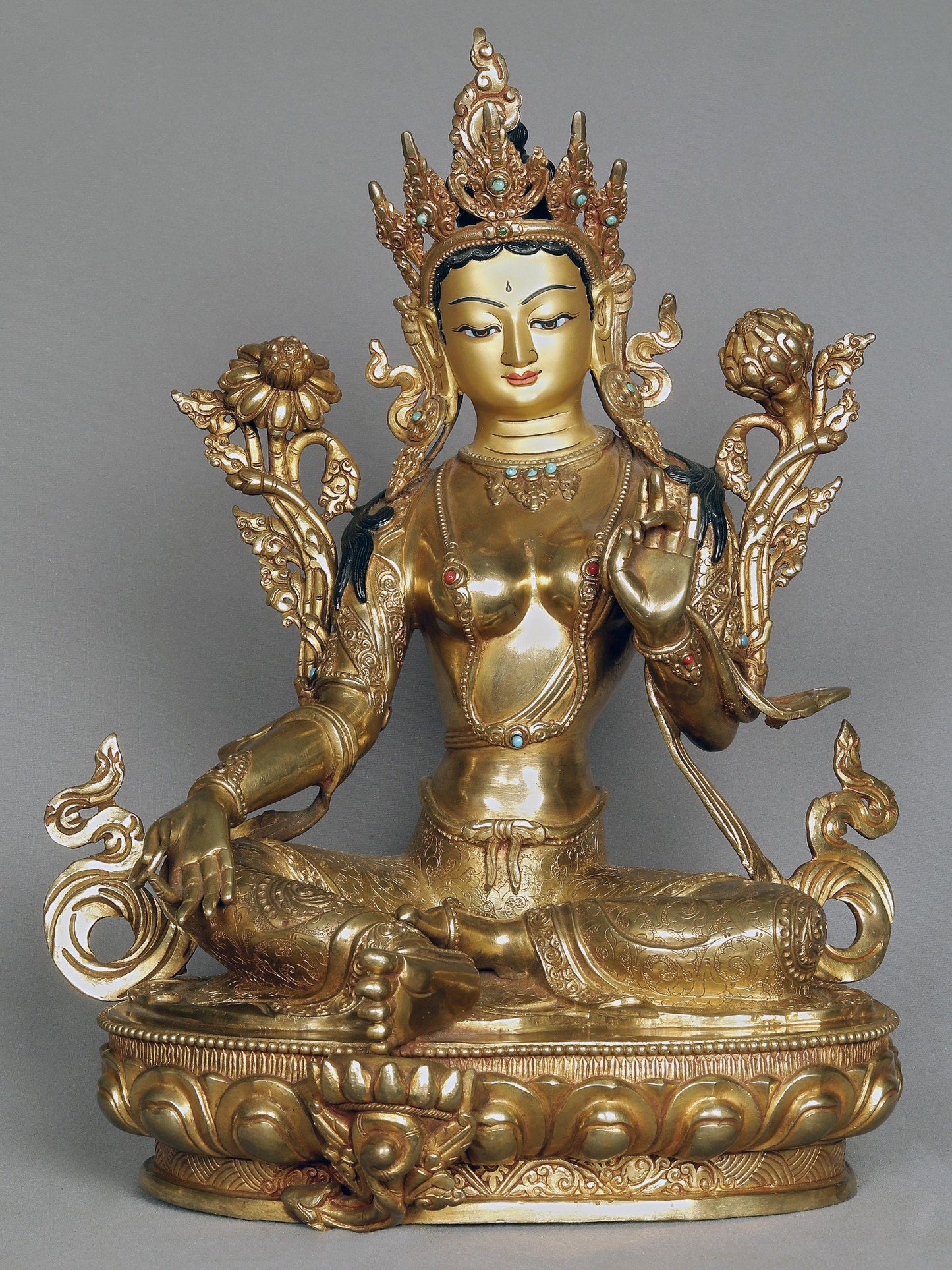 16" Green Tara Idol From Nepal | Copper Statue With Gold | Copper Nepalese Idol | Copper Statue | Decorative Copper Idol | Copper Statue For Temple