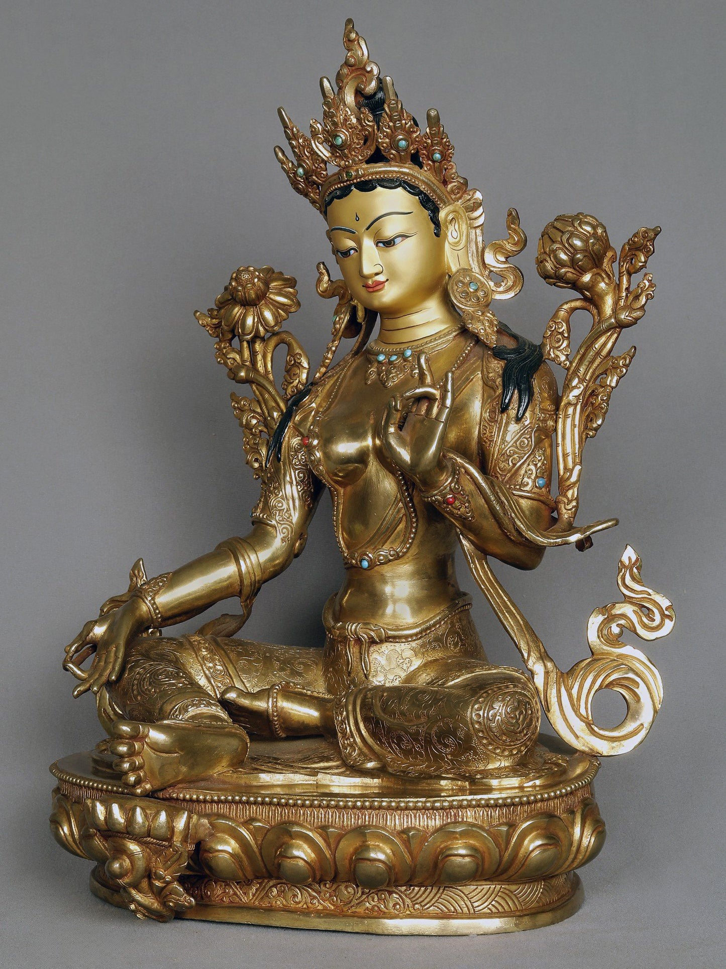 16" Green Tara Idol From Nepal | Copper Statue With Gold | Copper Nepalese Idol | Copper Statue | Decorative Copper Idol | Copper Statue For Temple