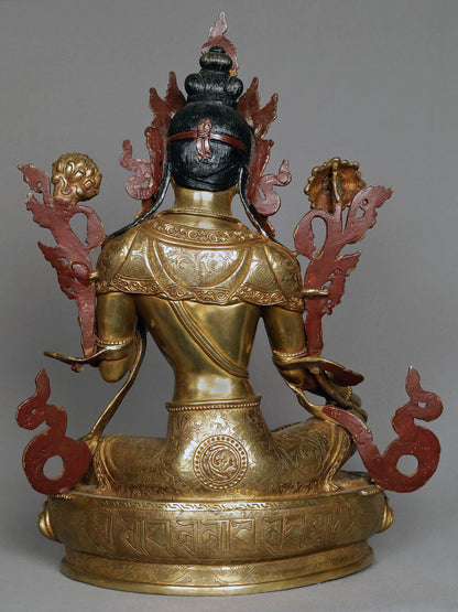 16" Green Tara Idol From Nepal | Copper Statue With Gold | Copper Nepalese Idol | Copper Statue | Decorative Copper Idol | Copper Statue For Temple