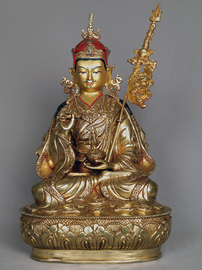 16" Guru Padmasambhava Copper Idol Seated On Ornament Throne | Copper Nepalese Idol | Copper Statue | Decorative Copper Idol | Copper Statue For Temple