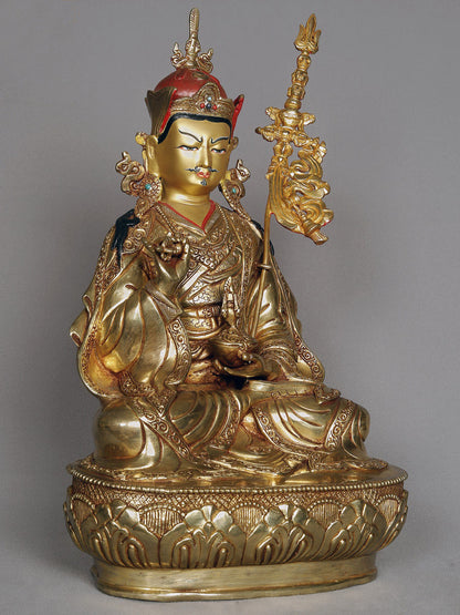 16" Guru Padmasambhava Copper Idol Seated On Ornament Throne | Copper Nepalese Idol | Copper Statue | Decorative Copper Idol | Copper Statue For Temple