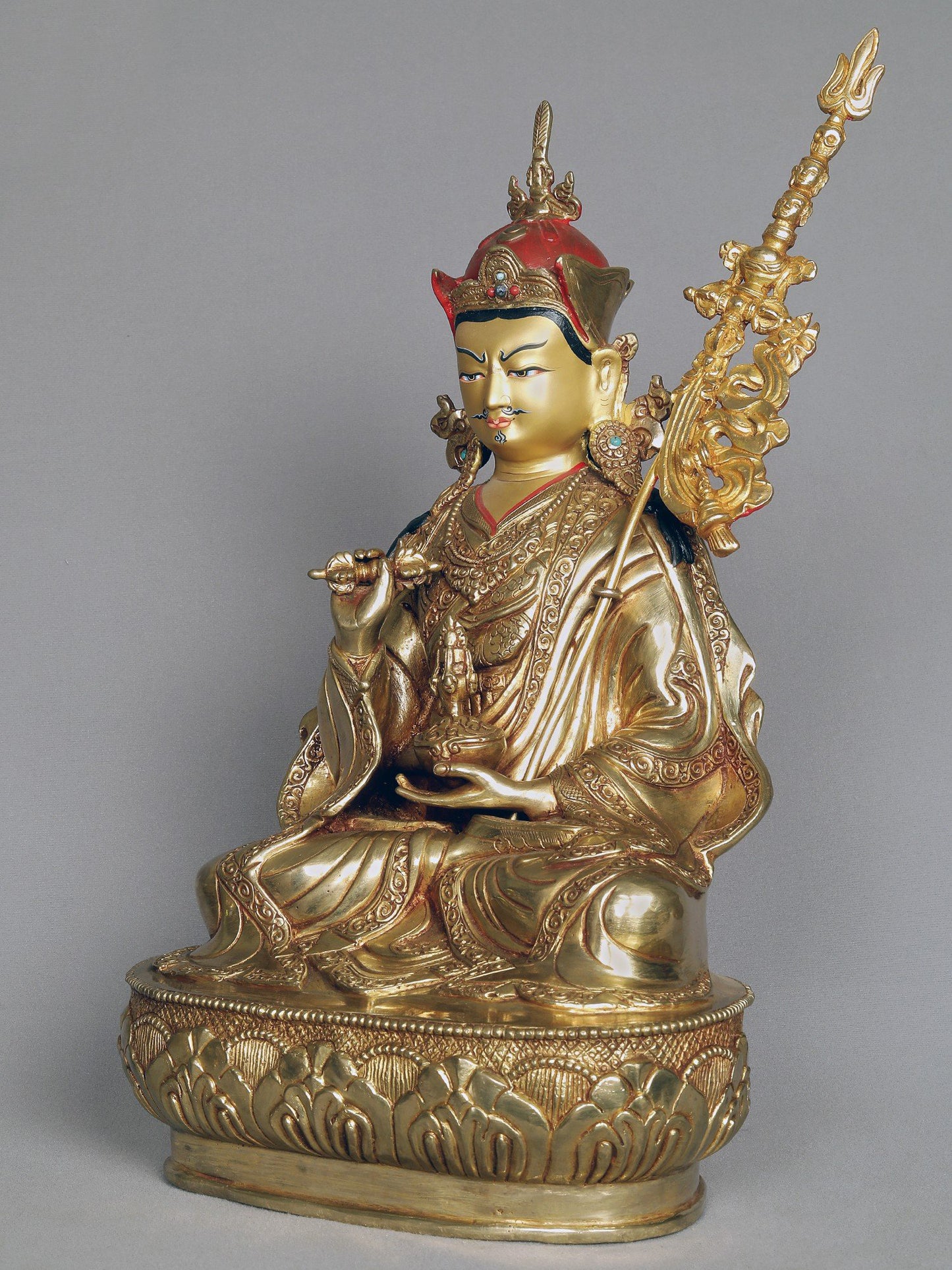 16" Guru Padmasambhava Copper Idol Seated On Ornament Throne | Copper Nepalese Idol | Copper Statue | Decorative Copper Idol | Copper Statue For Temple