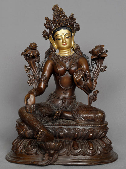 10" Seated Goddess Green Tara Nepalese Copper Statue | Copper Statue | Decorative Copper Idol | Copper Statue For Temple