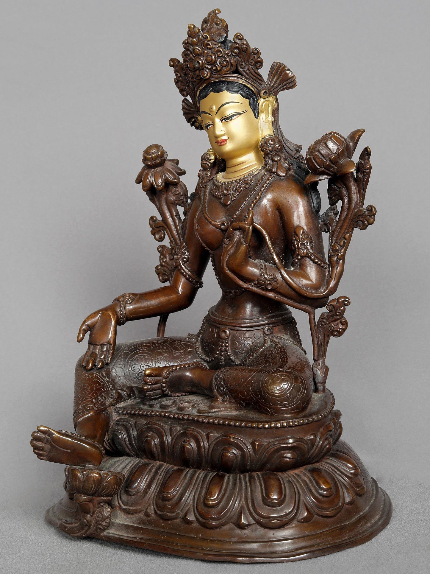 10" Seated Goddess Green Tara Nepalese Copper Statue | Copper Statue | Decorative Copper Idol | Copper Statue For Temple