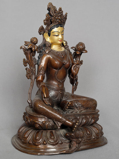 10" Seated Goddess Green Tara Nepalese Copper Statue | Copper Statue | Decorative Copper Idol | Copper Statue For Temple