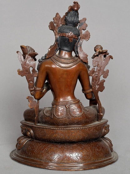 10" Seated Goddess Green Tara Nepalese Copper Statue | Copper Statue | Decorative Copper Idol | Copper Statue For Temple