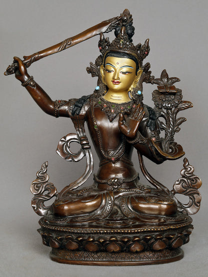 10" Manjushri Nepalese Copper Statue | Buddhist Deity Copper Idol | Copper Statue | Decorative Copper Idol | Copper Statue For Temple