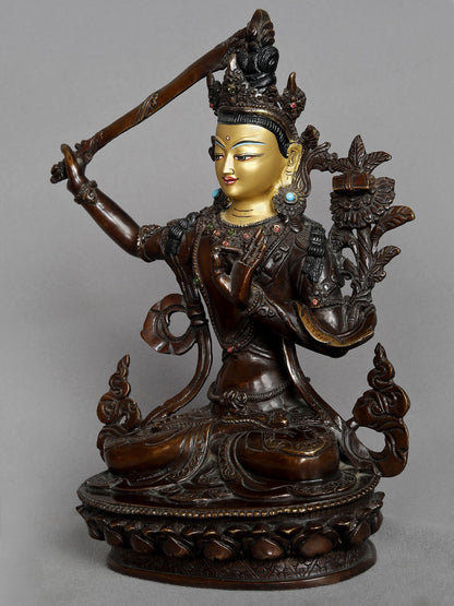 10" Manjushri Nepalese Copper Statue | Buddhist Deity Copper Idol | Copper Statue | Decorative Copper Idol | Copper Statue For Temple