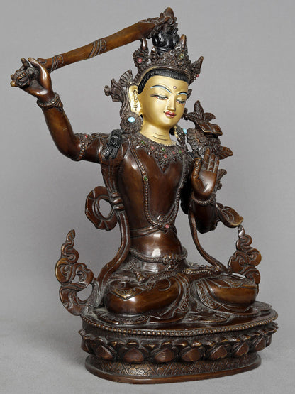 10" Manjushri Nepalese Copper Statue | Buddhist Deity Copper Idol | Copper Statue | Decorative Copper Idol | Copper Statue For Temple