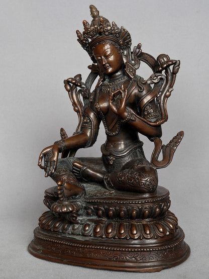 9" Buddhist Deity Green Tara Copper Statue From Nepal | Buddhist Deity Copper Idol | Copper Statue | Decorative Copper Idol | Copper Statue For Temple