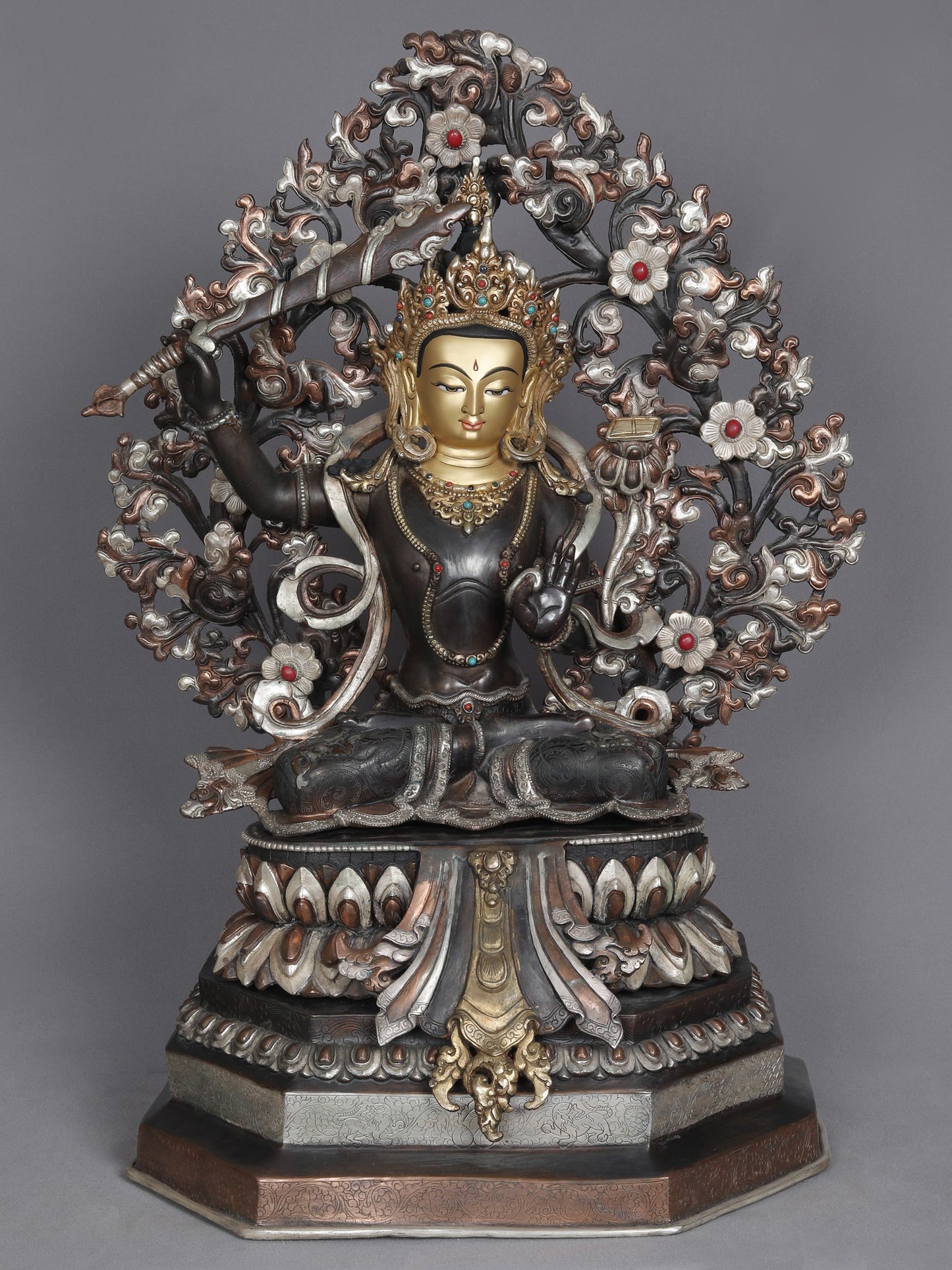 23" Bodhisattva Manjushri With Tree From Nepal | Sculpture From Nepal | Copper Statue | Decorative Copper Idol | Copper Statue For Temple