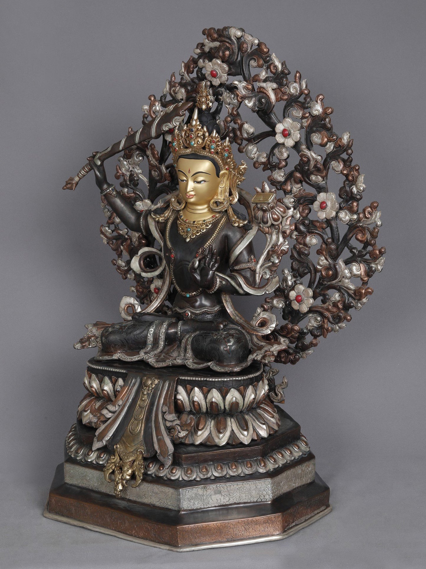 23" Bodhisattva Manjushri With Tree From Nepal | Sculpture From Nepal | Copper Statue | Decorative Copper Idol | Copper Statue For Temple