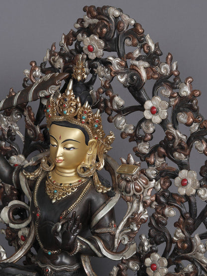 23" Bodhisattva Manjushri With Tree From Nepal | Sculpture From Nepal | Copper Statue | Decorative Copper Idol | Copper Statue For Temple