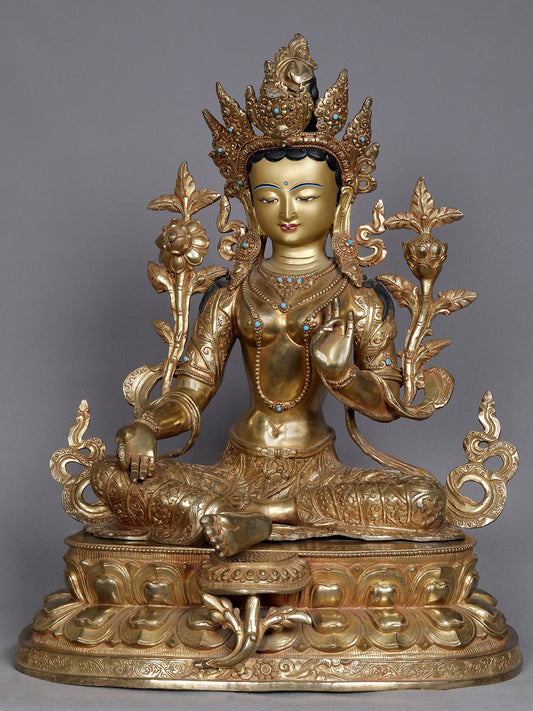 18" Green Tara Seated On Aasana Statue From Nepal | Nepalese Statue | Decorative Copper Idol | Copper Statue For Temple