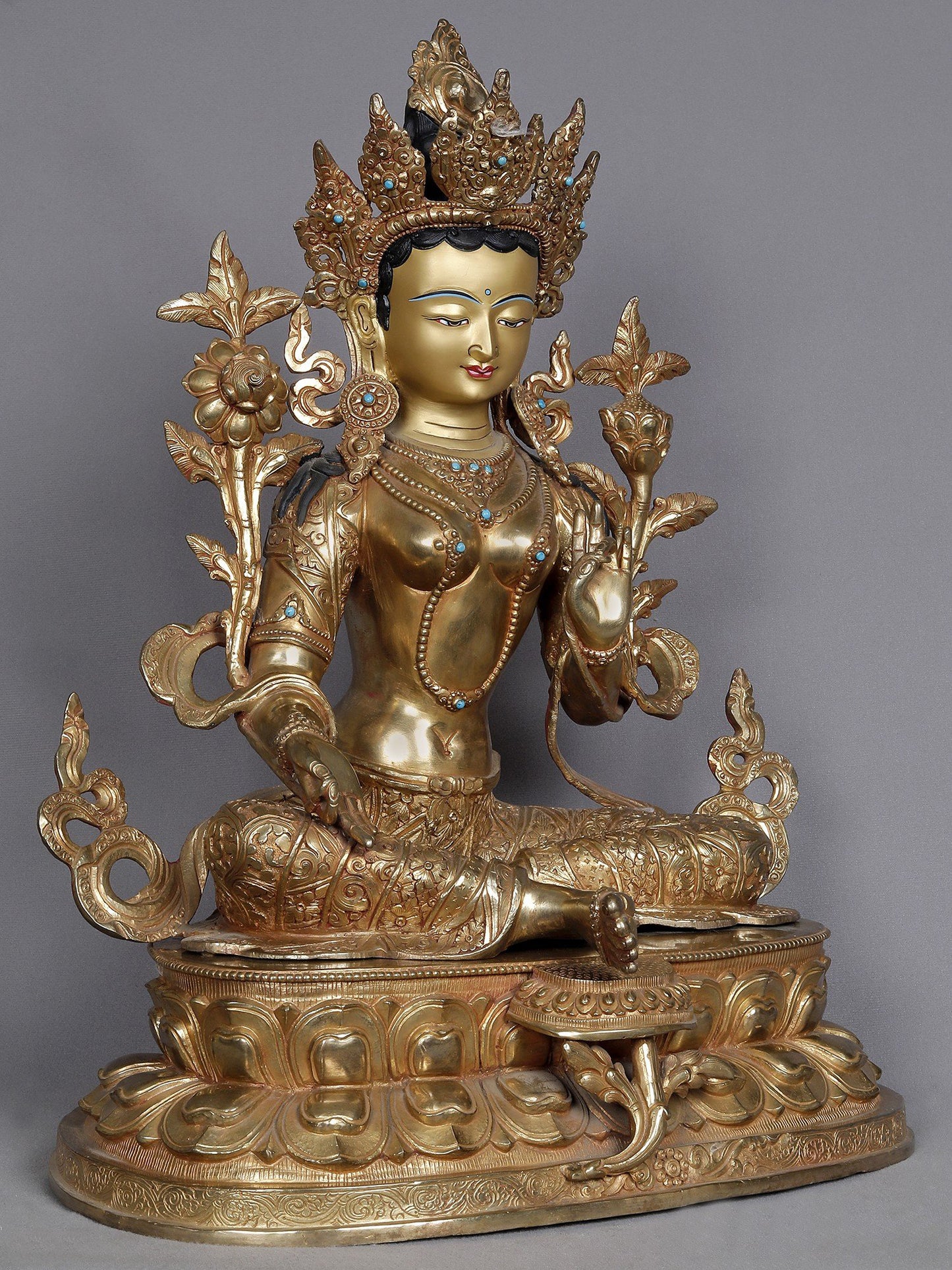 18" Green Tara Seated On Aasana Statue From Nepal | Nepalese Statue | Decorative Copper Idol | Copper Statue For Temple