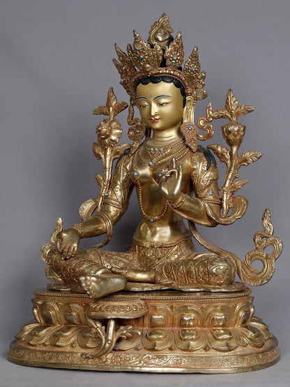 18" Green Tara Seated On Aasana Statue From Nepal | Nepalese Statue | Decorative Copper Idol | Copper Statue For Temple