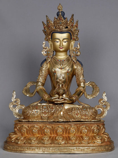 19" Crowned Amitayus From Nepal | Amitayus Idols | Nepalese Statue | Decorative Copper Idol | Copper Statue For Temple