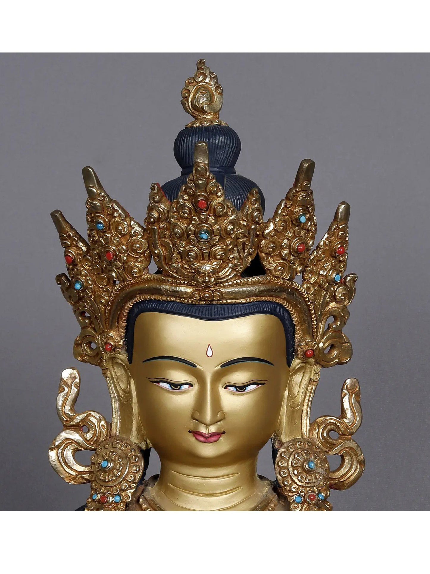 19" Crowned Amitayus From Nepal | Amitayus Idols | Nepalese Statue | Decorative Copper Idol | Copper Statue For Temple