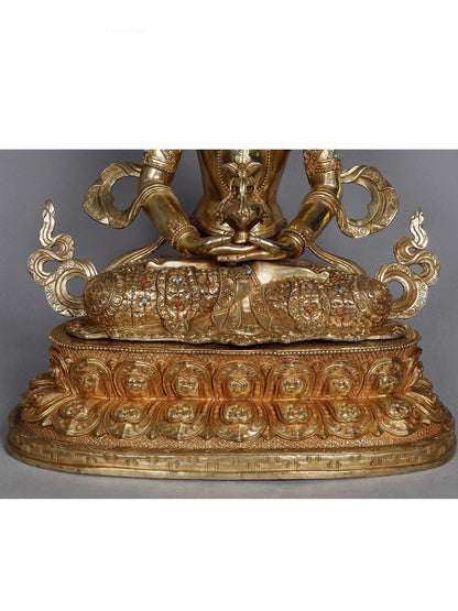 19" Crowned Amitayus From Nepal | Amitayus Idols | Nepalese Statue | Decorative Copper Idol | Copper Statue For Temple